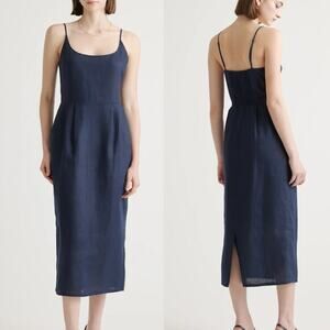 Quince Navy European Linen Midi Sun Dress Scoop Neck NWT Sz L
